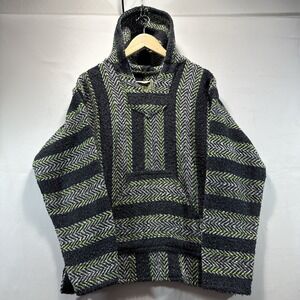 Vintage Baja Joe Hoodie Poncho Blanket Mexico Gray Green Hippie Boho Unisex M